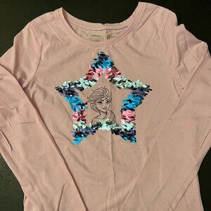 Disney, kids softest long sleeve tee, light pink, multi sequins, and Elsa, size